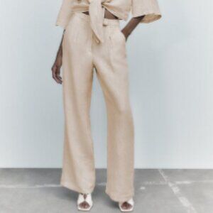 Zara Light Tan Pleated White Leg Linen Pants S
